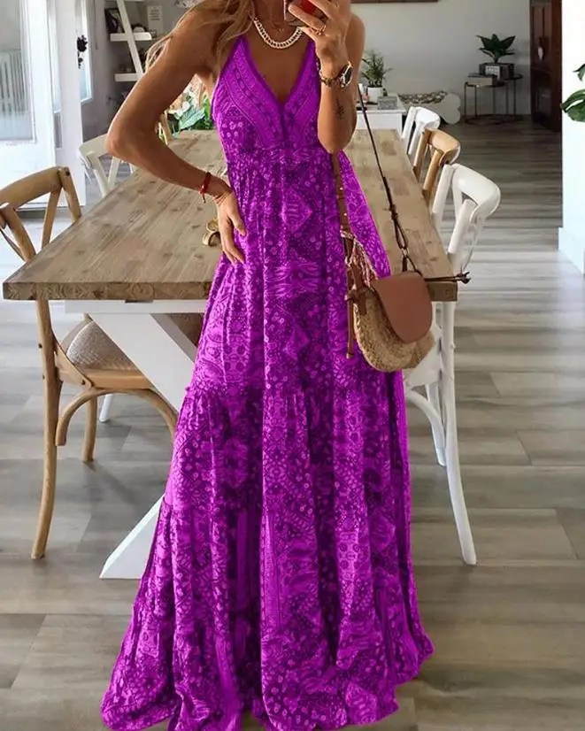 

Female Bohemia Scarf Tribal Print Sleeveless Maxi Dress Summer Fashion Women's Casual Halter Vintage Flared Vacation