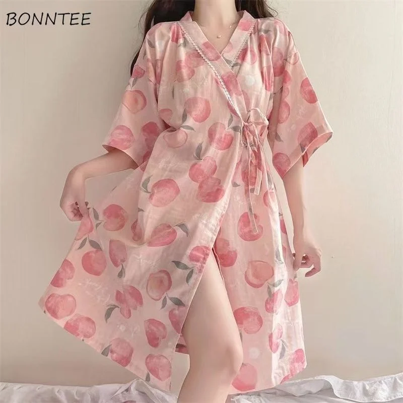 Nightgowns Women Sweet Home Summer Medium-long Comfortable Sexy Japanese Style V-neck Thin Bandage Girlish Kawaii Daily Female