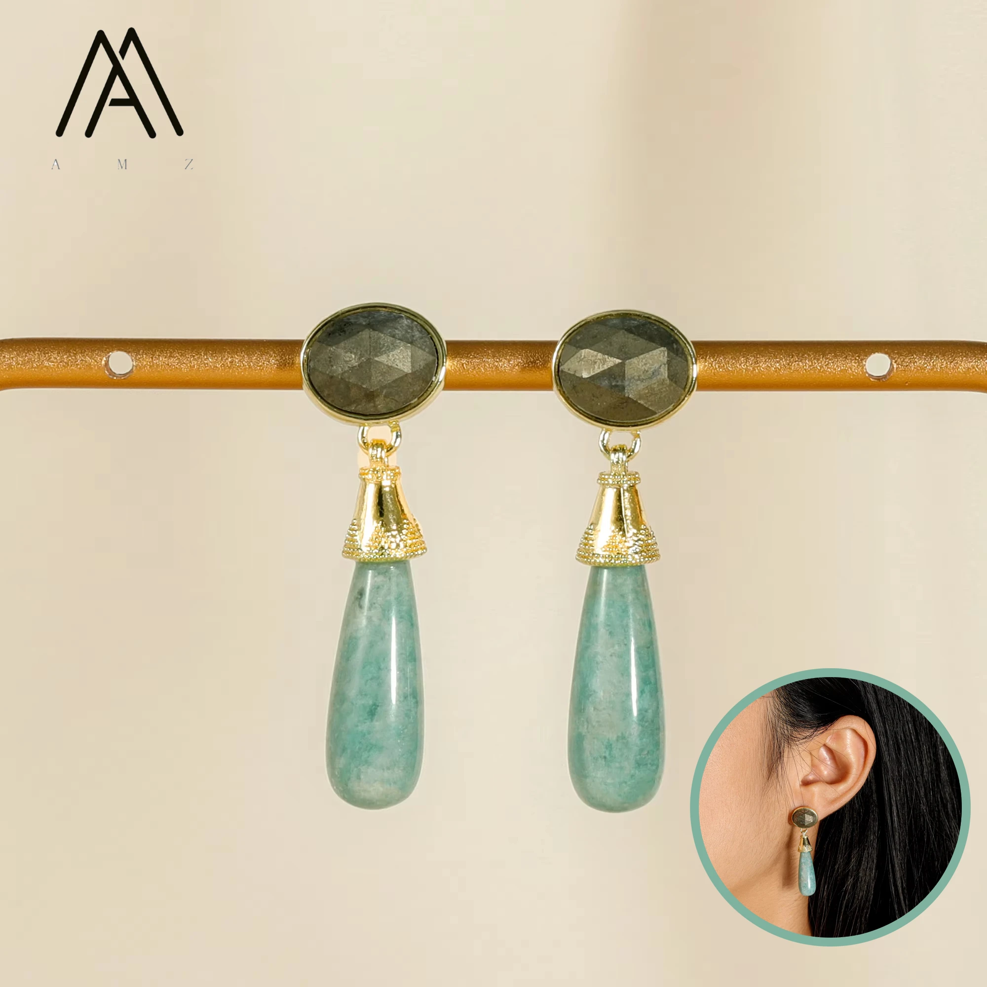 

Teardrop Gemstone Stud Earrings Natural Tigers Eye Amethyst Gold-Plated Earring Minimalist Classic Style Women Party Daily Gift