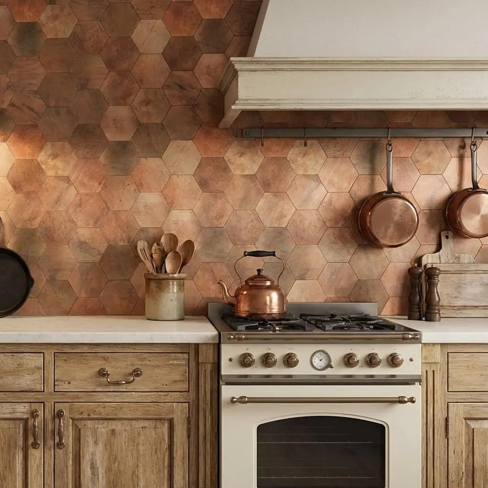 10 PCS Hexagon Peel and Stick Backsplash PVC Copper Wall Tiles, Stick on Backsplash Tile or Kitchen Bathroom Laundry Room Camper