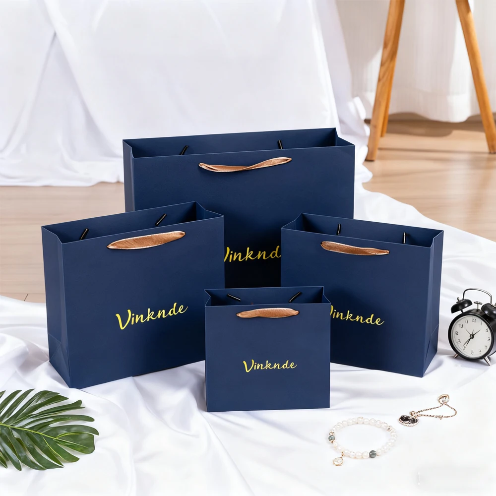

Navy Paper Packaging Gift Bags for Small Business Luxury Shopping Tote Bag with Ribbon Handle Wedding Party Valentine's Day