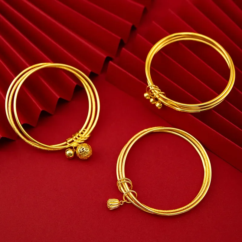 9999 Real Gold 24K Bracelet Three Circles Lotus 5201314 Bracelet Palace Bell Three Circles Bracelet Female