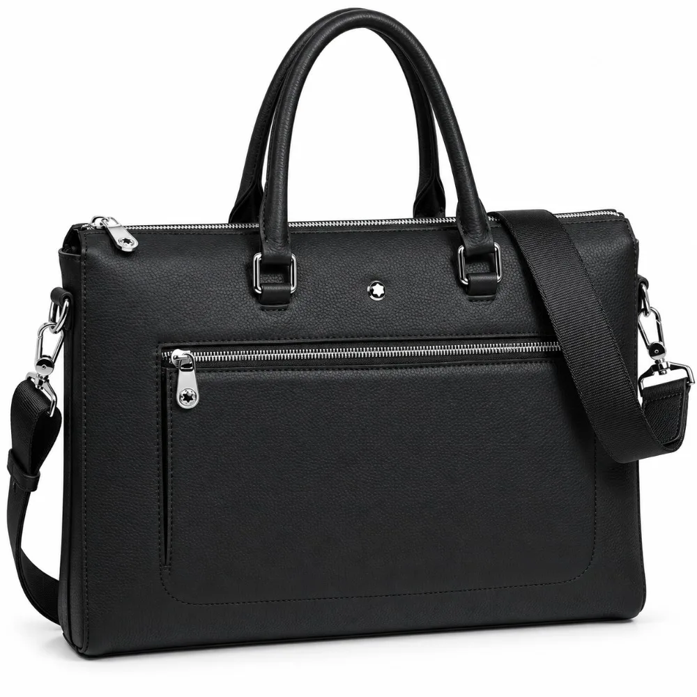 Mens Top-Handle Bags Classic Business Briefcase Black Textured Laptop Carrying Bag Office Work Handbag Adjustable Shoulder Strap