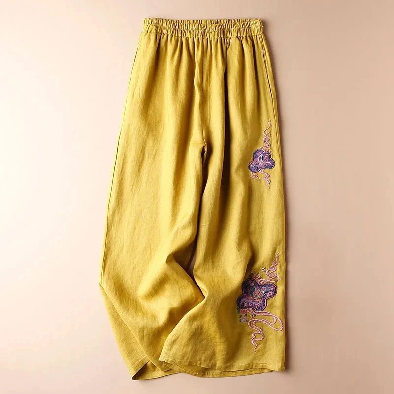 Cotton Linen Embroidery Wide Leg Pants Women's Summer New Pants Loose Elastic High Waist Thin Straight Casual Trousers Pantalon