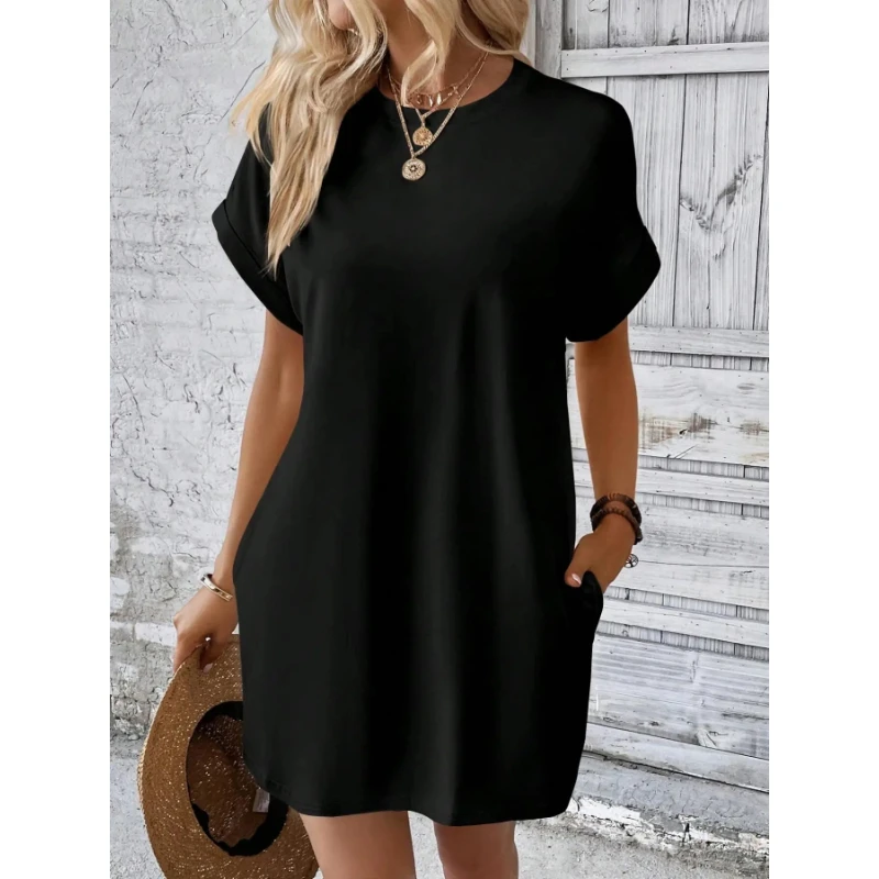 Women's Simple Solid Color Pocket Bat-Sleeve T-Shirt Dress, Summer Casual Round-Neck Short Dress with Rolled Sleeves, Casual Everyday Wear, Fashionable Women's Loose Dress, Apricot Color