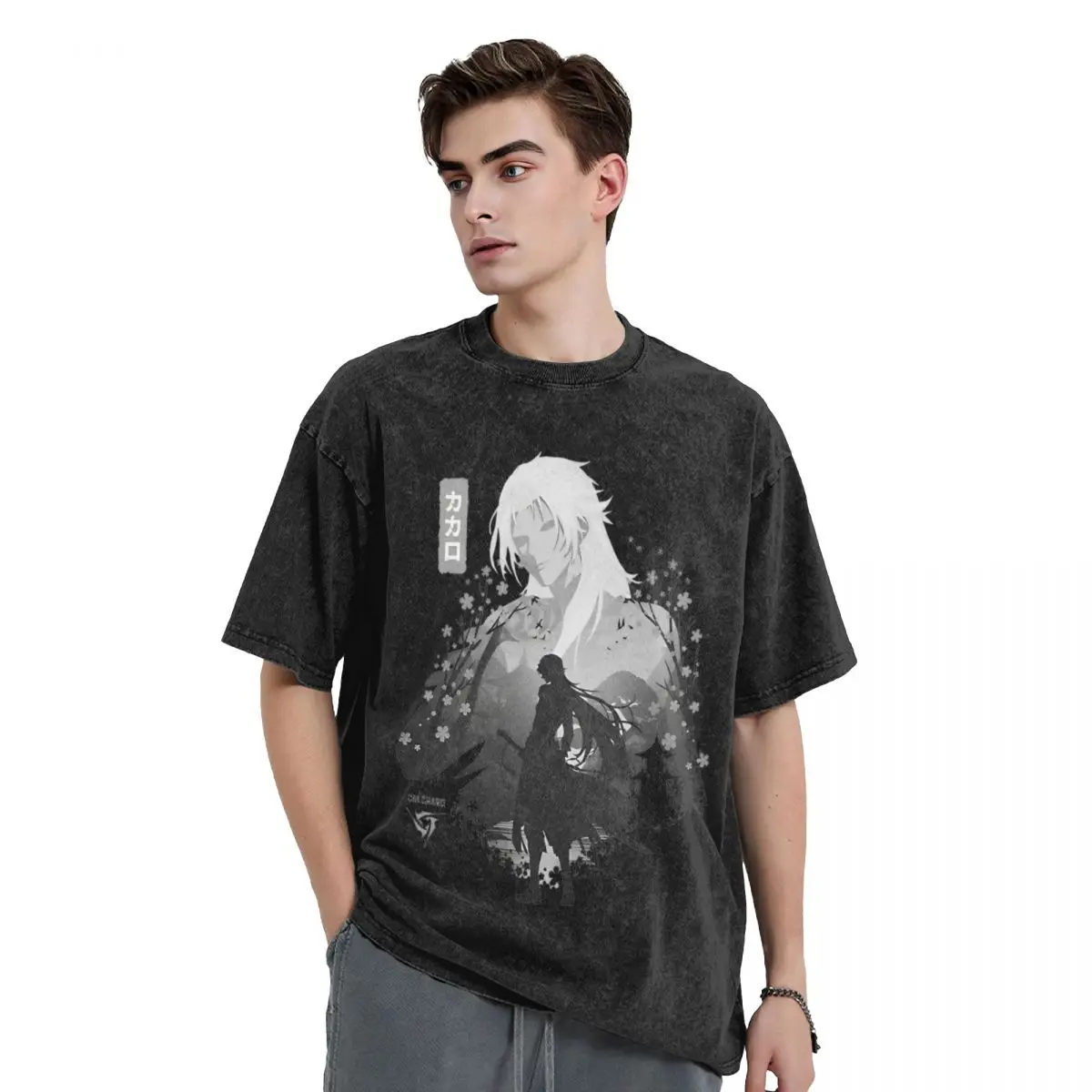 Calcharo Black Silhouette Wuthering Waves Game Washed T-Shirt Male Streetwear Cotton T Shirts Summer Tees Oversized Clothes