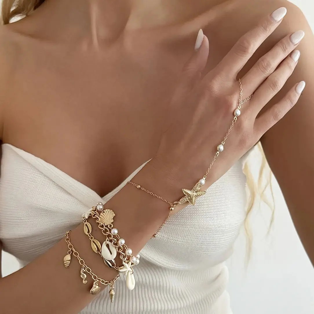 KunJoe 5Pcs/Set Summer Scallop Starfish Bracelet Women Bohemia Charm Imitation Pearl Bangle Party Beach Jewelry Pulseras Mujer