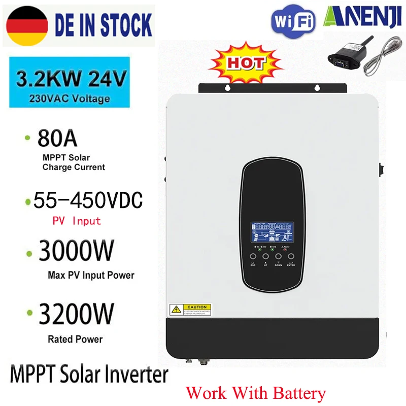 3.2KVA 3KW 24V Hybrid Solar Inverter 230V MPPT Off Grid Photovoltaic Pure Sine Wave PV 55-450VDC 80A Solar Charge Controller