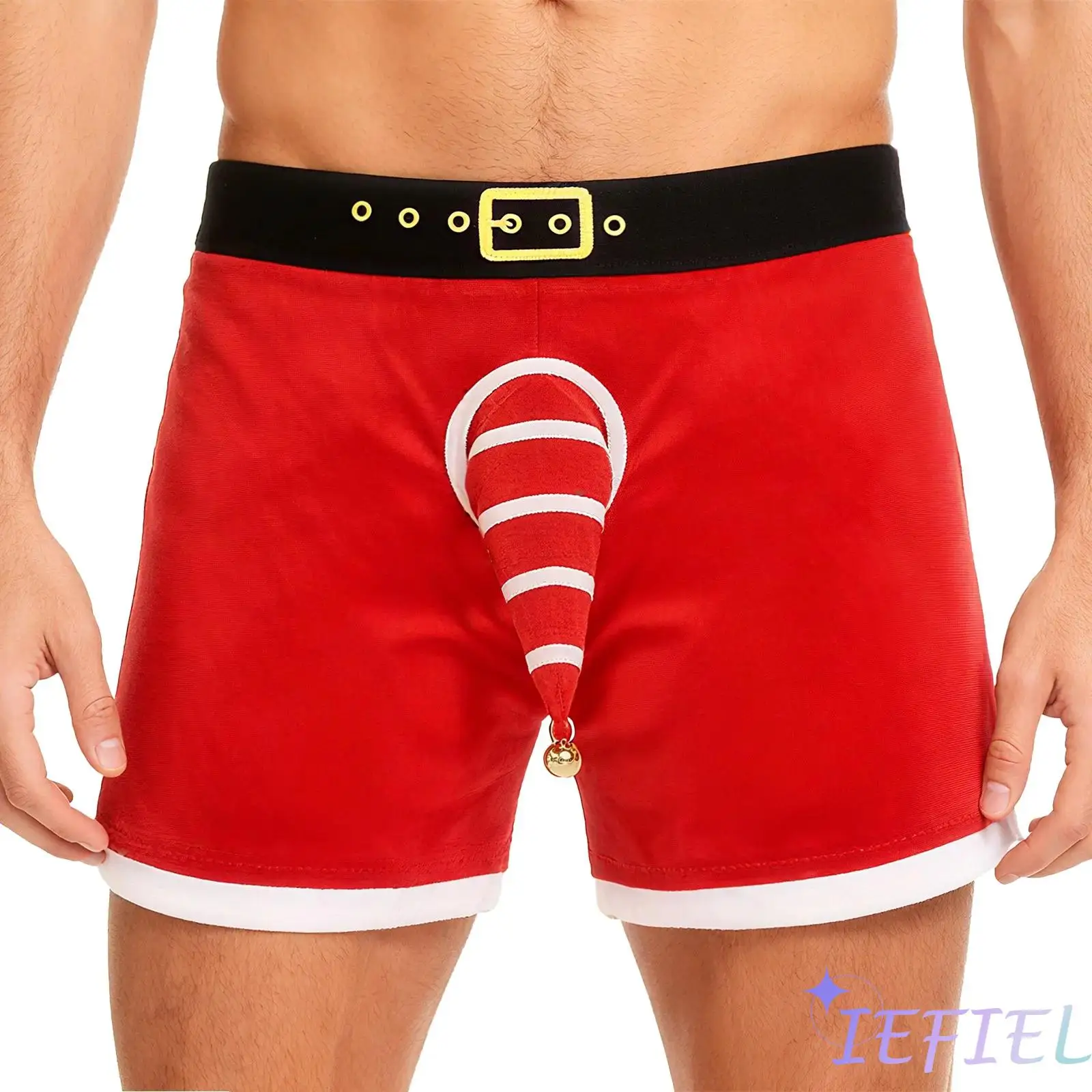 

Mens Christmas Panties Boxer Shorts Underwear Striped Sheath with Bell Decor Waistband Santa Briefs Lingerie for Xmas Eve Dating