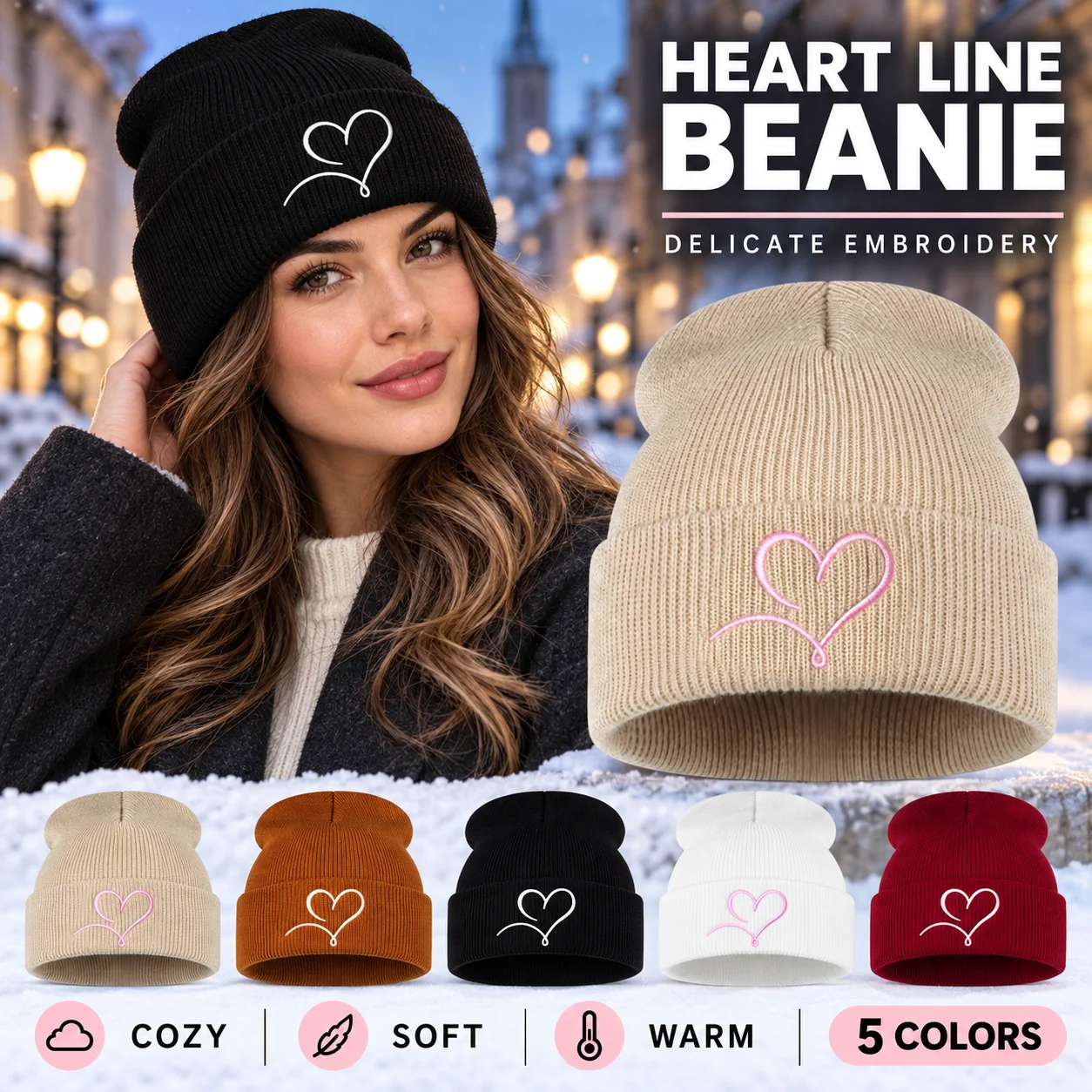 Minimalist Line Heart Embroidery Knit Beanie  Soft  Thermal Winter Hat Daily Streetwear Valentine Christmas Holiday Party Gift