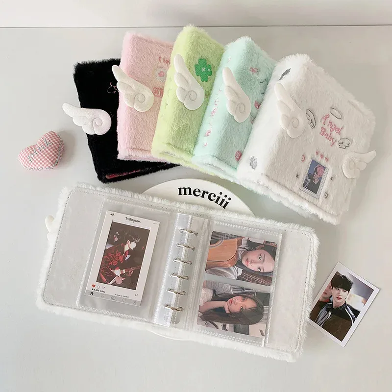 Álbum de tarjetas de hojas sueltas con alas de Ángel de peluche estilo INS, exhibición de almacenamiento de fotos de ídolo bonito coreano para sesión fotográfica Kpop