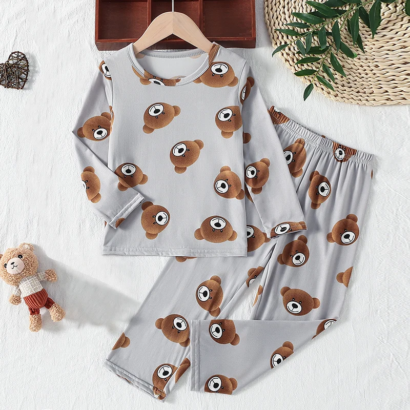 2-piece Autumn And Winter Children's Teddy Bear Printed Cute Warm Suit For Boys And Girls Long Sleeved Long Pants Home Clothes