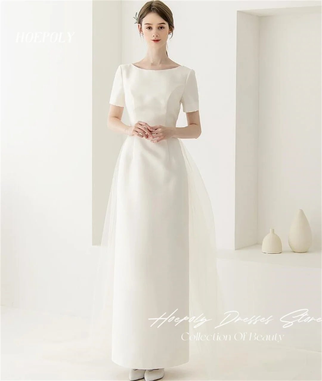 

Hoepoly Ivory Vintage Bride Wedding Party Dress Korea 드레스 Photography Satin Boat Neck Ankle Length Wedding Dresses for Women