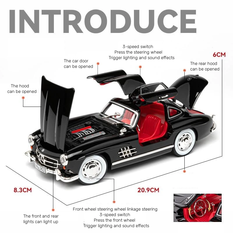 1:24 Scale Car Model Mercedes Benz 300SL Alloy car Model Classic Vintage Diecast Metal Sound Light Collecties Childrens Toy Gift