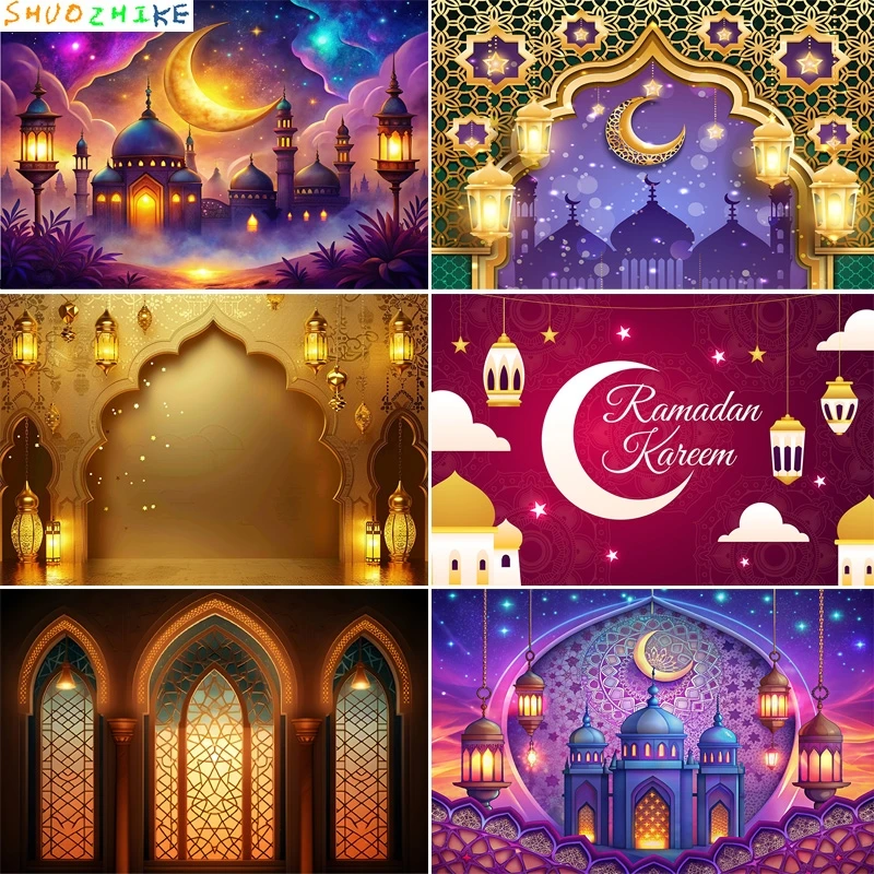 مسجد الخرسانة رمضان لامعة الذهبي الهلال القمر الفوانيس خلفية العربية الإسلامية قصر خلفيات للتصوير الفوتوغرافي ZS-01