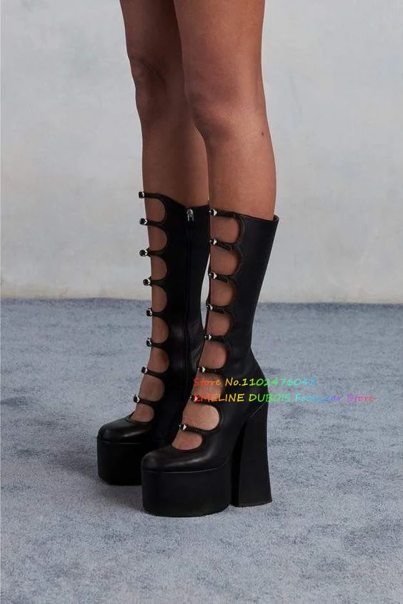 Black Platform Thick Heel knee High Boots Women Round Toe Chunky Heel Hollow Buckle Strap Summer New Punk Style Cool Boots