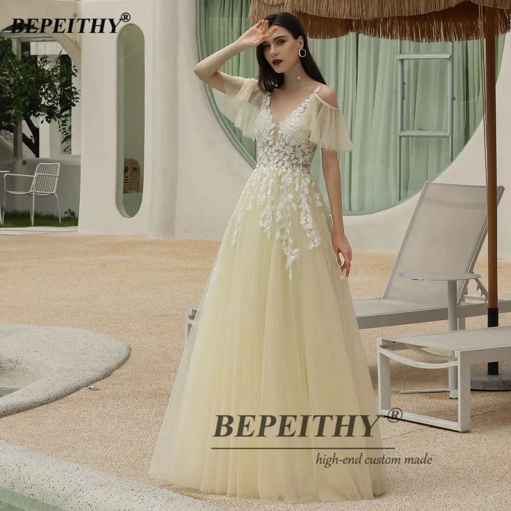 BEPEITHY Personalizzato A-Line Abito Da Sera Lungo di Lusso 2023 Pizzo Bianco Elegante Maniche Staccabili Abiti Festa di Nozze Per Le Donne