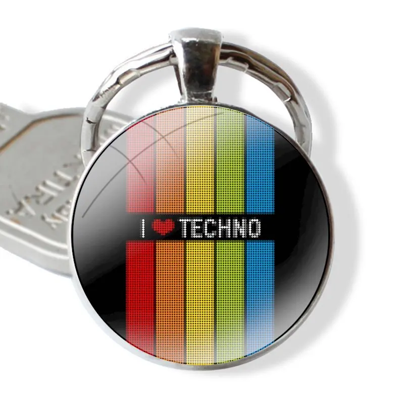 I Love Techno Keychain Handmade Glass Cabochon Key Ring Holder Pendant Key Chains