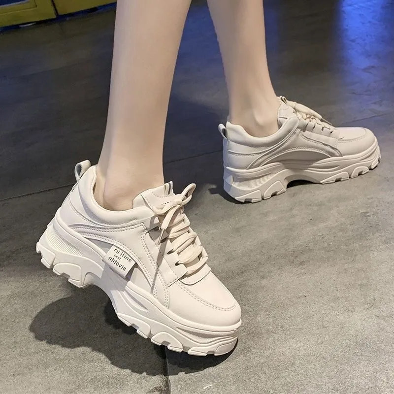 Fashion White Split Leather Women Chunky Sneakers White Shoes Lace Up Tenis Feminino Zapatos De Mujer Platform Women Casual Shoe