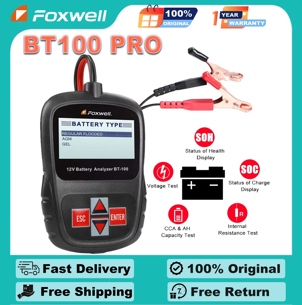 FOXWELL BT100 Pro 12V Car Battery Tester 100-1100CCA 12V Digital Battery Analyzer Vehicle Cranking Charging Scanner Tool