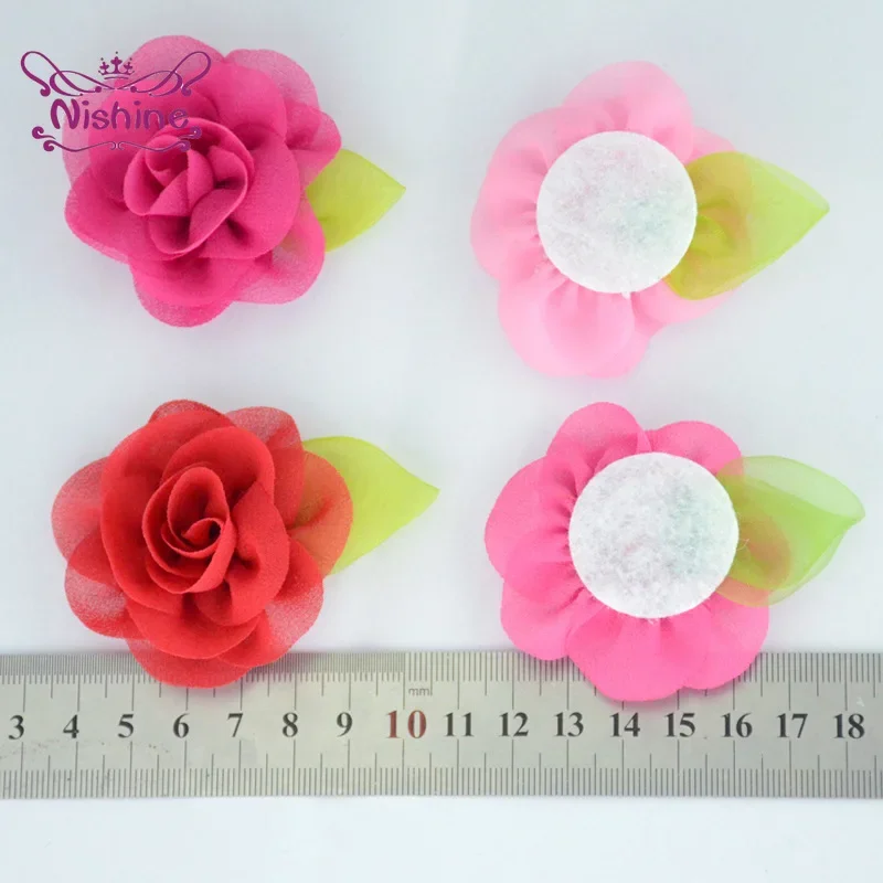 10pcs/lot Leaf Chiffon Flowers Rosette Rose Floral Kids Girls Hair Accessory Artificial Flower for Baby Women Diy Headwear