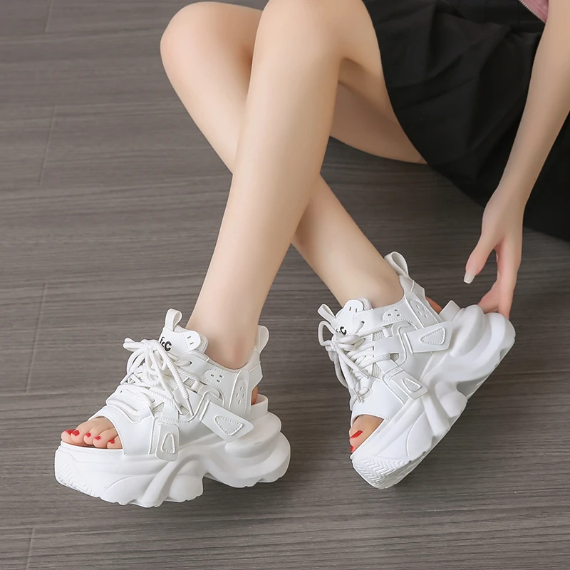 Summer Women Leather Chunky Sandals High Platform Trainers Breathable Casual Slippers Shoes New Woman 7CM Heels Wedge Sneakers