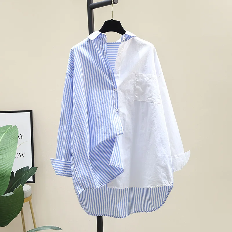 2023 primavera autunno cuciture a righe camicia da donna di media lunghezza nuovo stile coreano artistico irregolare donna Top Fashion Simple Blusas