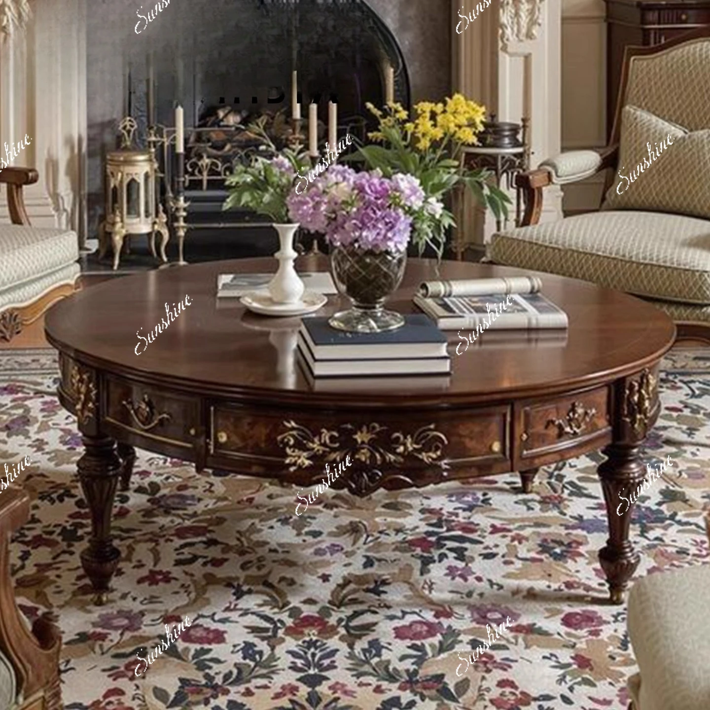 

American retro solid wood carving flower round coffee table small apartment living room round tea table