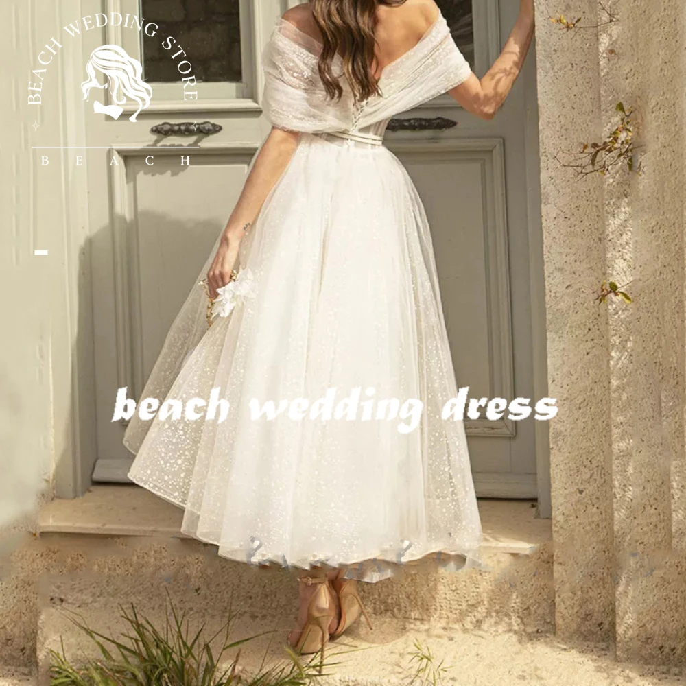 Beach CustomizedGlittter Boho Wedding Dresses For Women Off Shoulder Sweetheaart Net Tulle Beach Tea Length Bridal Gowns Lace Up