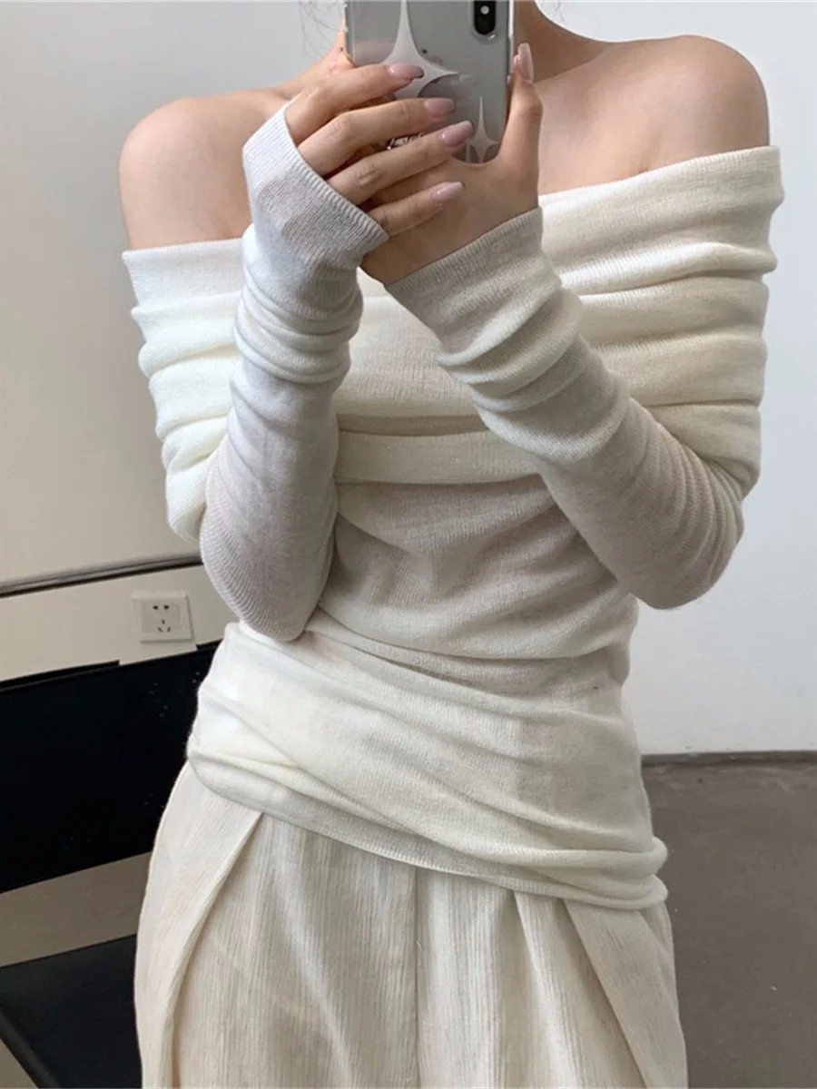 

oulder Bared Knitted Base irt Women's Spring Autumn 2025 New Pure Desire Sweater Slim Fit High End Feeling One oulder Top