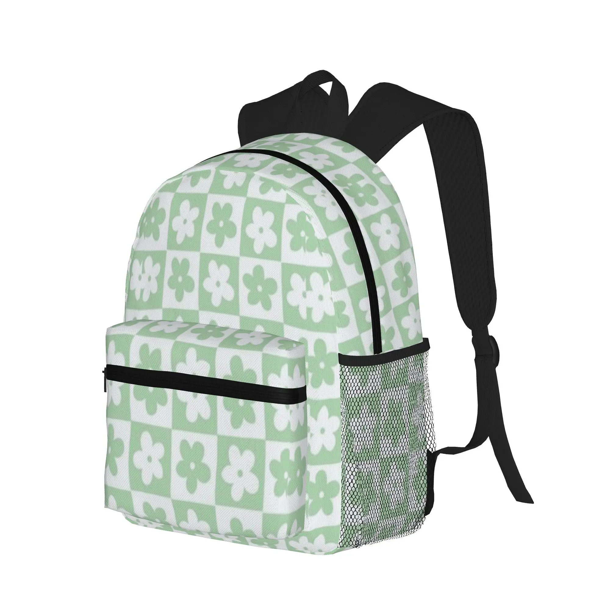 Light Pastel Green and White Checkered Squares with Flowers  Casual Backpack for Students and Adults Backpacks
