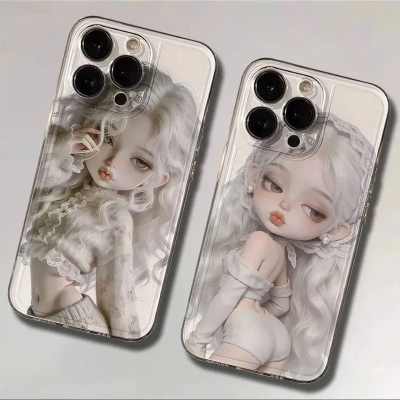 

Kawaii Cute cartoon White Hair Doll Anime Clear Phone Case for iPhone 11 12 13 14 15 16 17Pro Max Plus 17Pro Shockproof Cover﻿﻿﻿