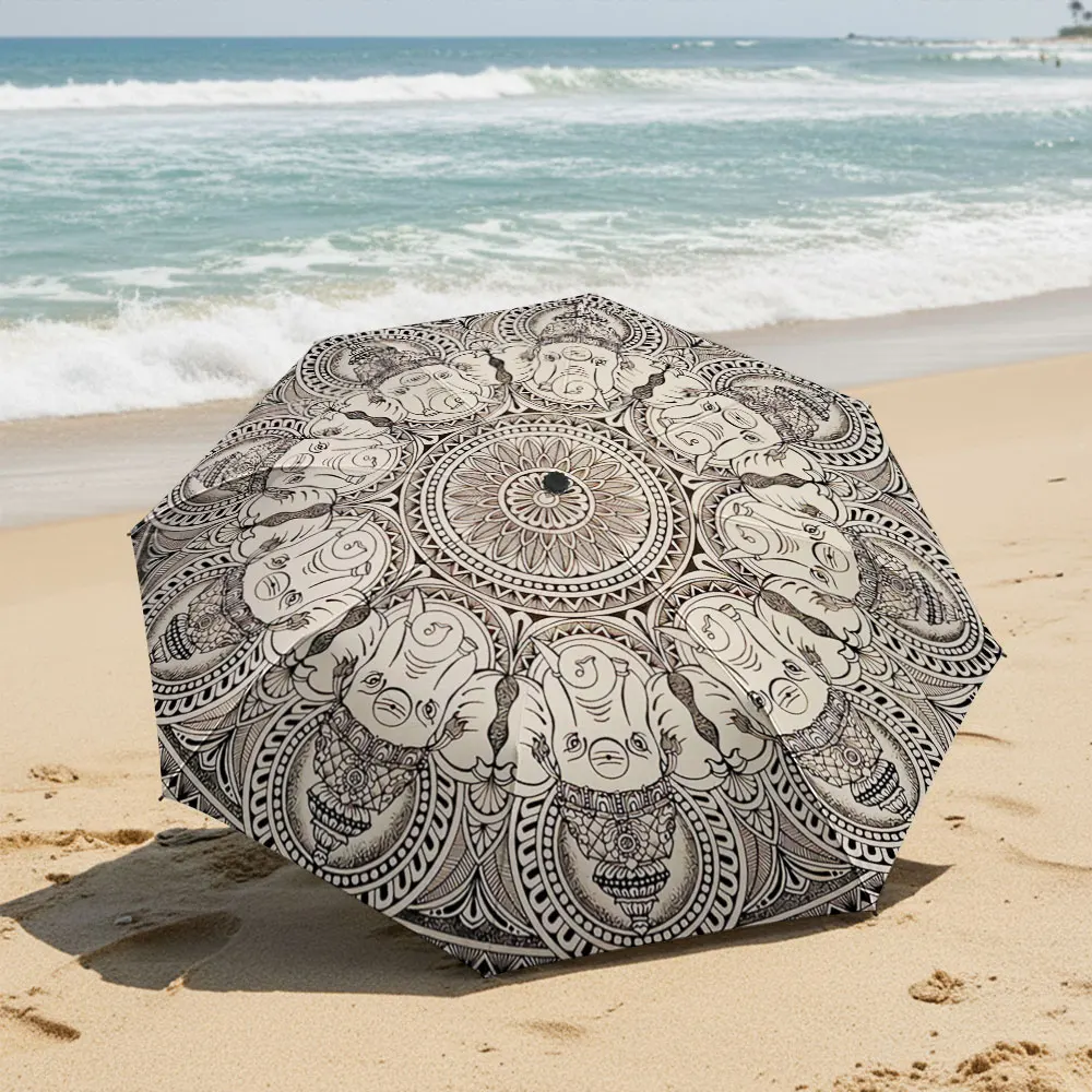 Mandala Elephant Head Design Umbrella Cover Compact Fashion Folding Umbrella for Daily Use, Christmas Gift