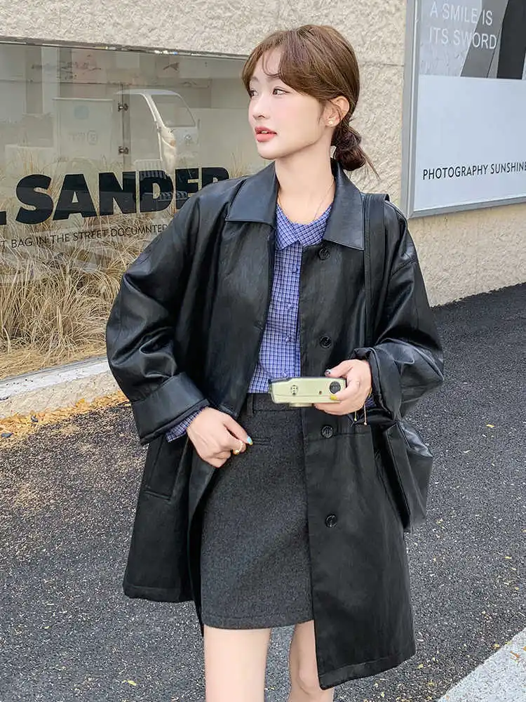 

Fashion PU Leather Jacket Women Spring Autumn Turn Down Collar Loose PU Outerwear Versatile Coat Streetwear Chic