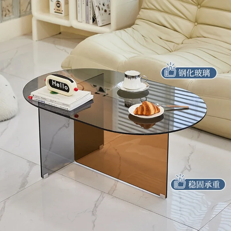 

Tempered Glass Coffee Table Light Luxury Color Living Room Side Table Internet Celebrity Shaped round Household Tea Table