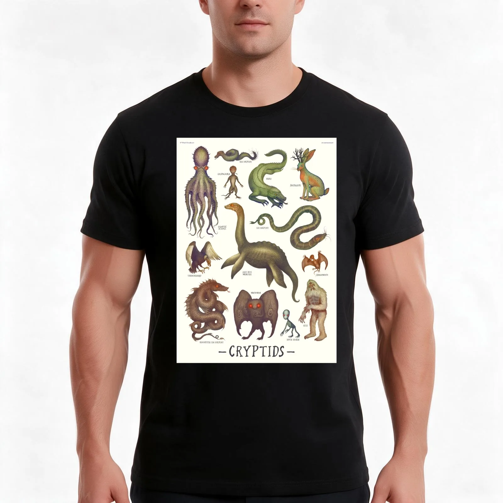 Cryptids, Cryptozoology species T-Shirt, Summer Casual Cotton Tee, Oversized Streetwear Tops, Vintage Graphic Print, 100% Cotton