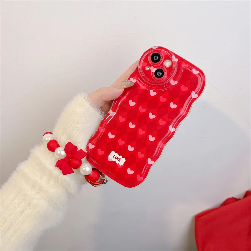 Red Rhombus Phone Case,For iPhone 14 13 12 11 Pro XS MAX XR 7 8 Plus SE 2020 Silicone Cover With Chain