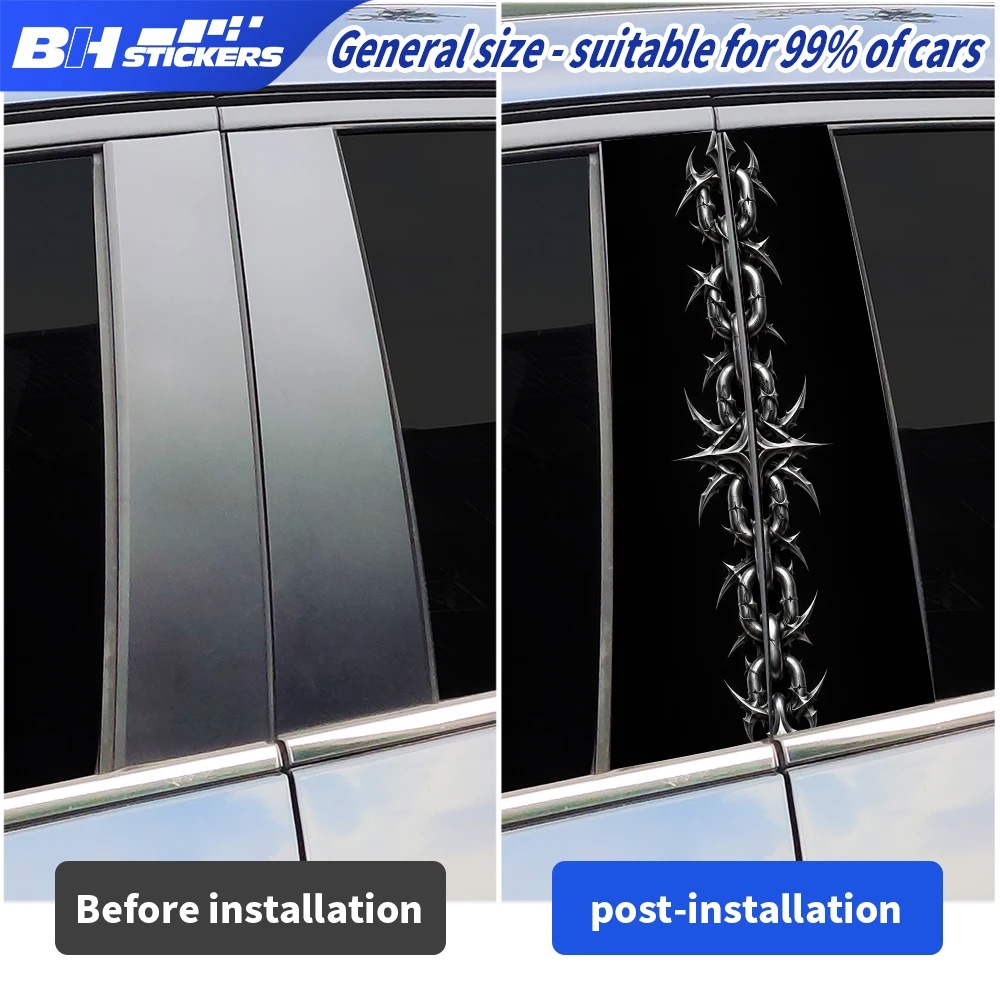 Gothic Spiked Chain Car B Pillar Sticker 2Pcs Vinyl Window Middle Column Decal Universal Auto Exterior Decoration Accessories