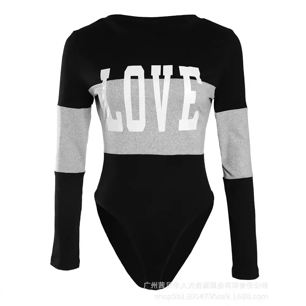 Long Sleeve Slim Fits Sexy Bodysuits Tops Contrast Print Onesie Bodysuits Women Sexy O-neck Casual Sexy Sheath Tops Tees