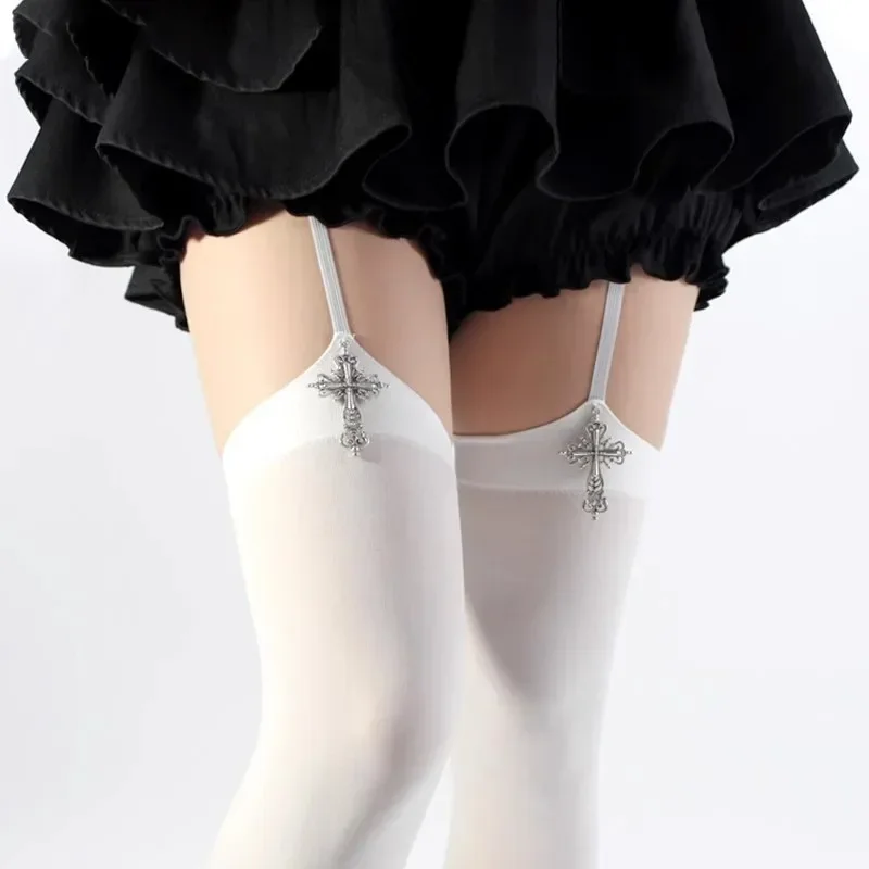 Chaussettes à bretelles pour femmes, décoration croisée de personnalité, couleur unie, cuisses hautes, Lolita Anime Cosplay, bas gothiques au-dessus du genou
