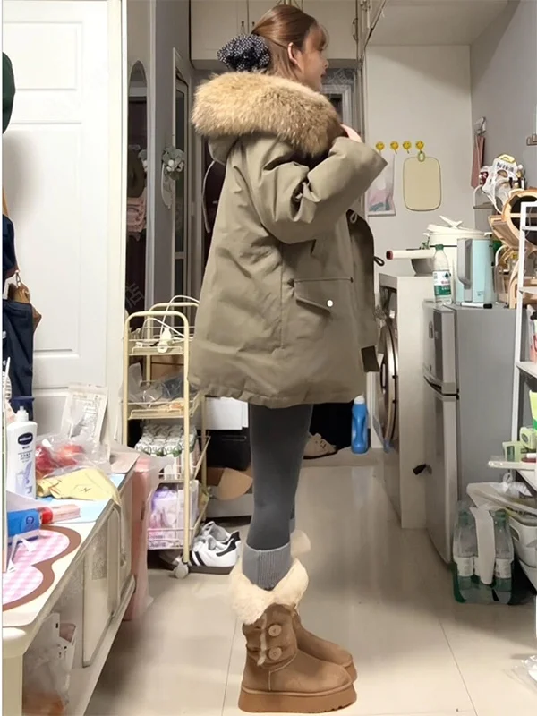 

Стильная американская женская зимняя куртка-парка с большим меховым воротником и капюшоном, утепленная пухом и хлопком, модная свободная верхняя одежда в корейском стиле