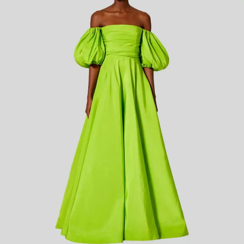 Elegant Neon Green A-line Long Women Dresses To Formal Party Strapless Puff Sleeves Female Maxi Gowns