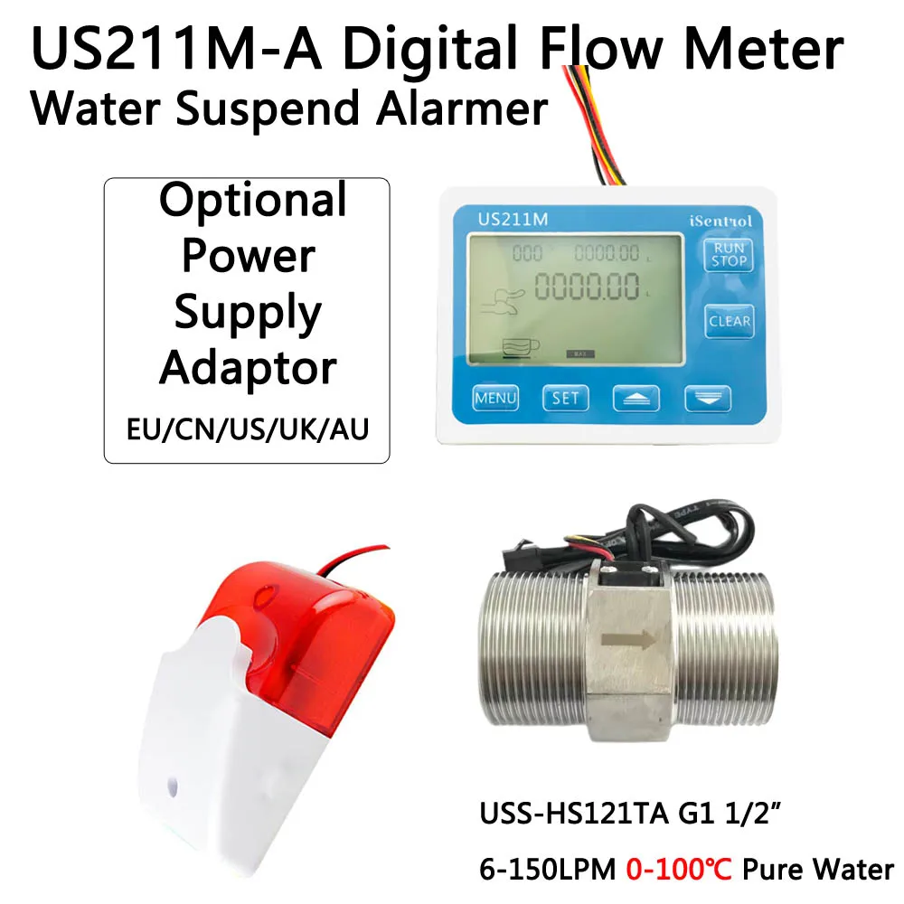 

US211MA Water Flow Meter Totalizer Alarmer and Inox USS-HS121TA 100 Degree Liquid Flow Sensor Turbine flowmeter G1-1/2“" BSPP