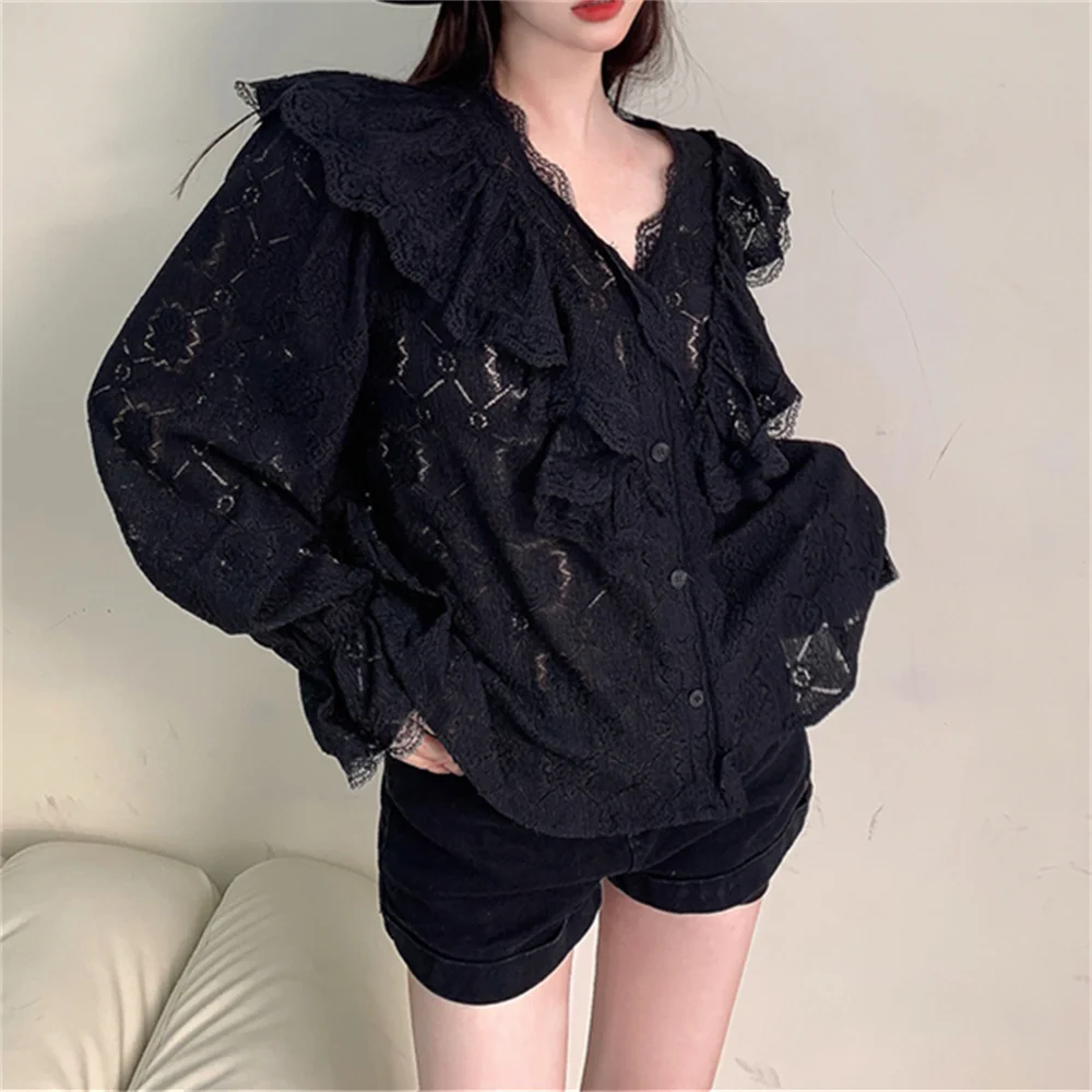 Spring Lace Shirts Women Florals Sweet Ruffles Chic 2023 Full Sleeve V-Neck Bottoming Gentle Fashion New Slim Mujer