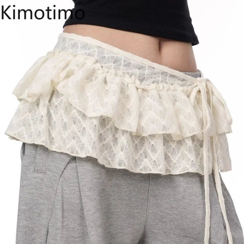 Kimotimo Lace Bandage Mini Skirt Women Spring Summer Overlap Ruffled Cake Skirts Korean Style Sweet Y2k Apron Streetwear