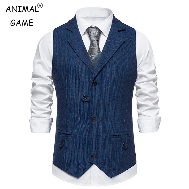 New Suit Vest for Men Herringbone Tweed Suit Vest Business Formal Dress Vests Slim Fit Tailored Collar Waistcoat