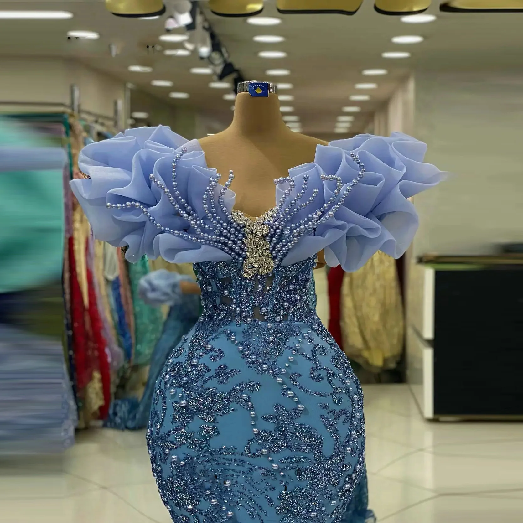 Vestido de noite azul frisado, Vestidos Longos de Baile, Vestido De Ombro Ruffle, Vestidos De Festa De Gola Alta