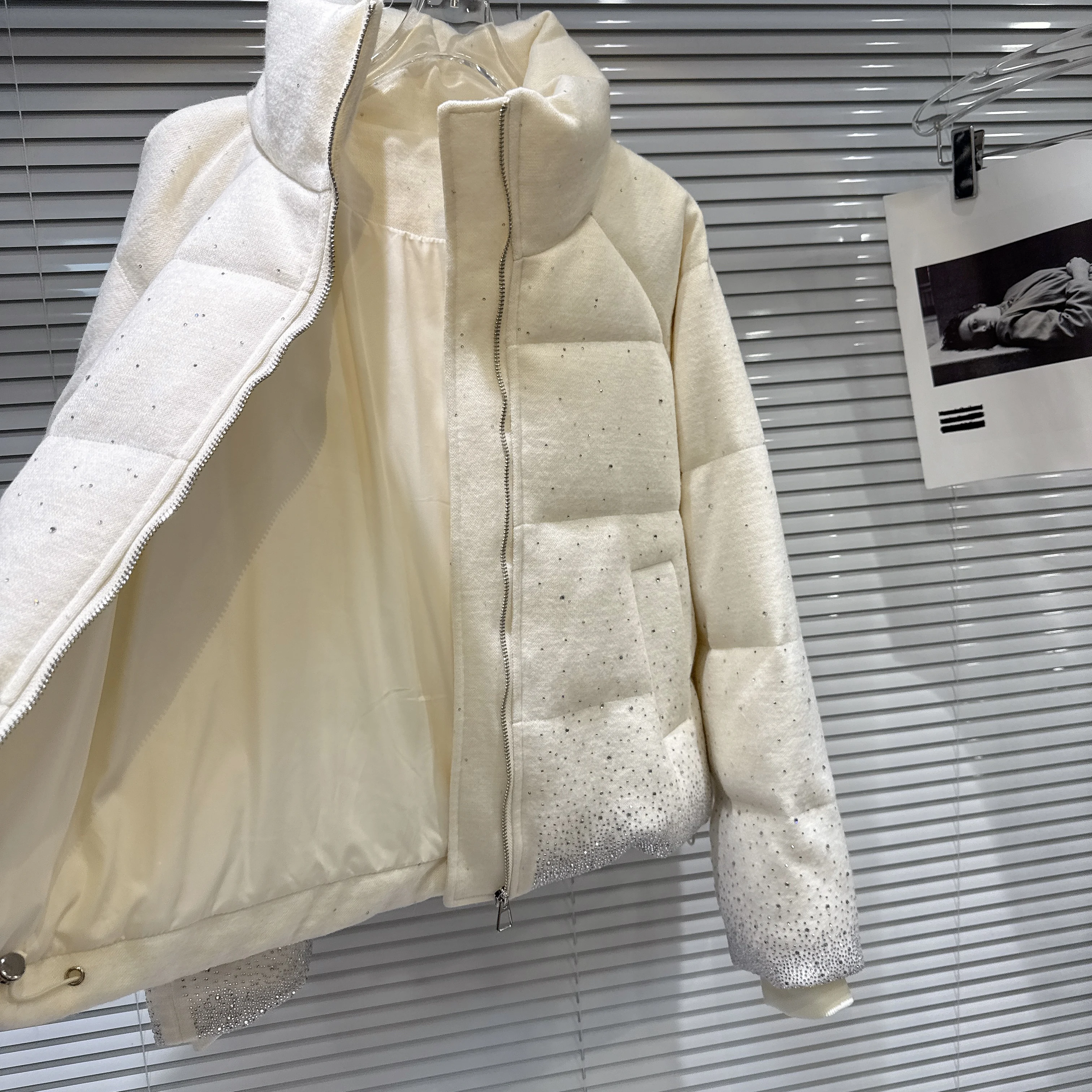 الكورية نمط أزياء الشارع الشهير الصناعة الثقيلة الماس الوقوف طوق سحاب أكمام طويلة حزام بولي يوريثان سترة قطن ضئيلة النساء الشتاء #4