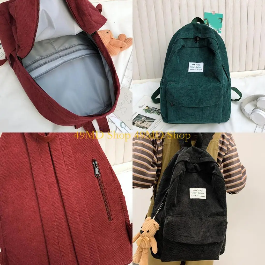 

49MD Women Casual Corduroy Backpack with Pendant School Bag Travel College Daypack Girls Rucksack