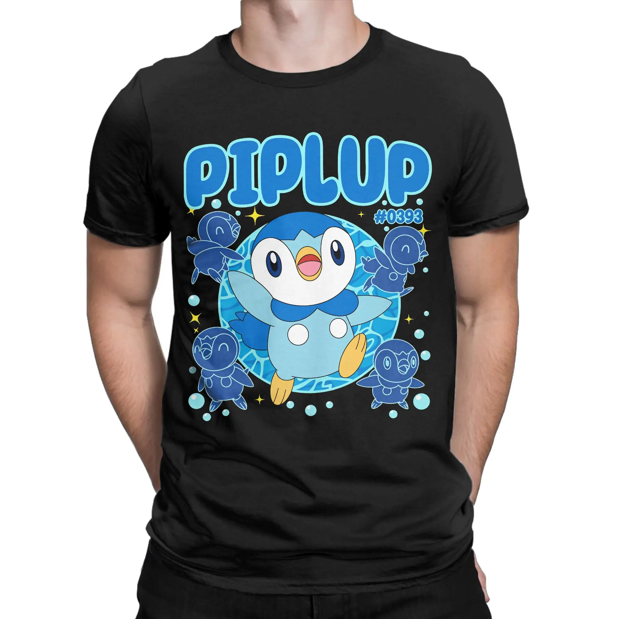 Awesome Pokemon Piplup Focused T-Shirt for Men Round Neck Pure Cotton T Shirt  Short Sleeve Tees Printed Clothing